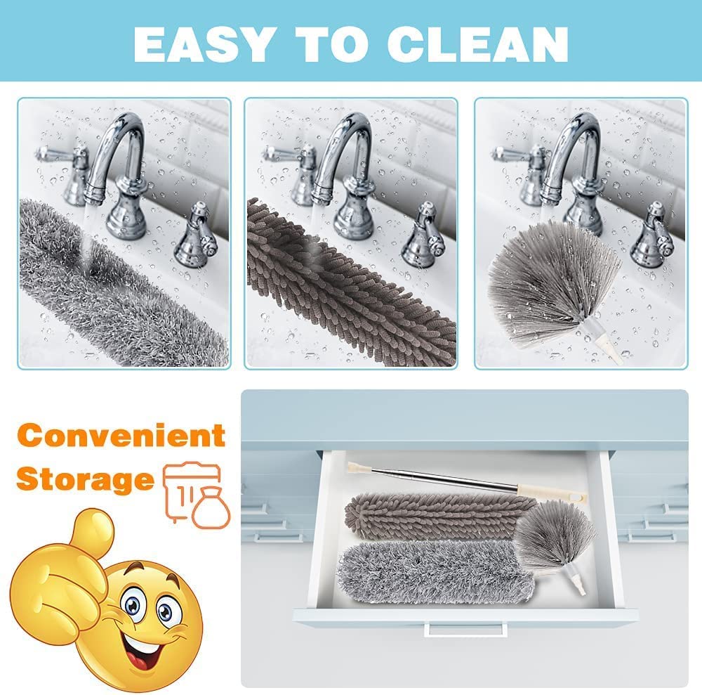 3 in 1 Microfiber Feather Duster 4PCS Bendable & Extendable Fan Cleaning Brush
