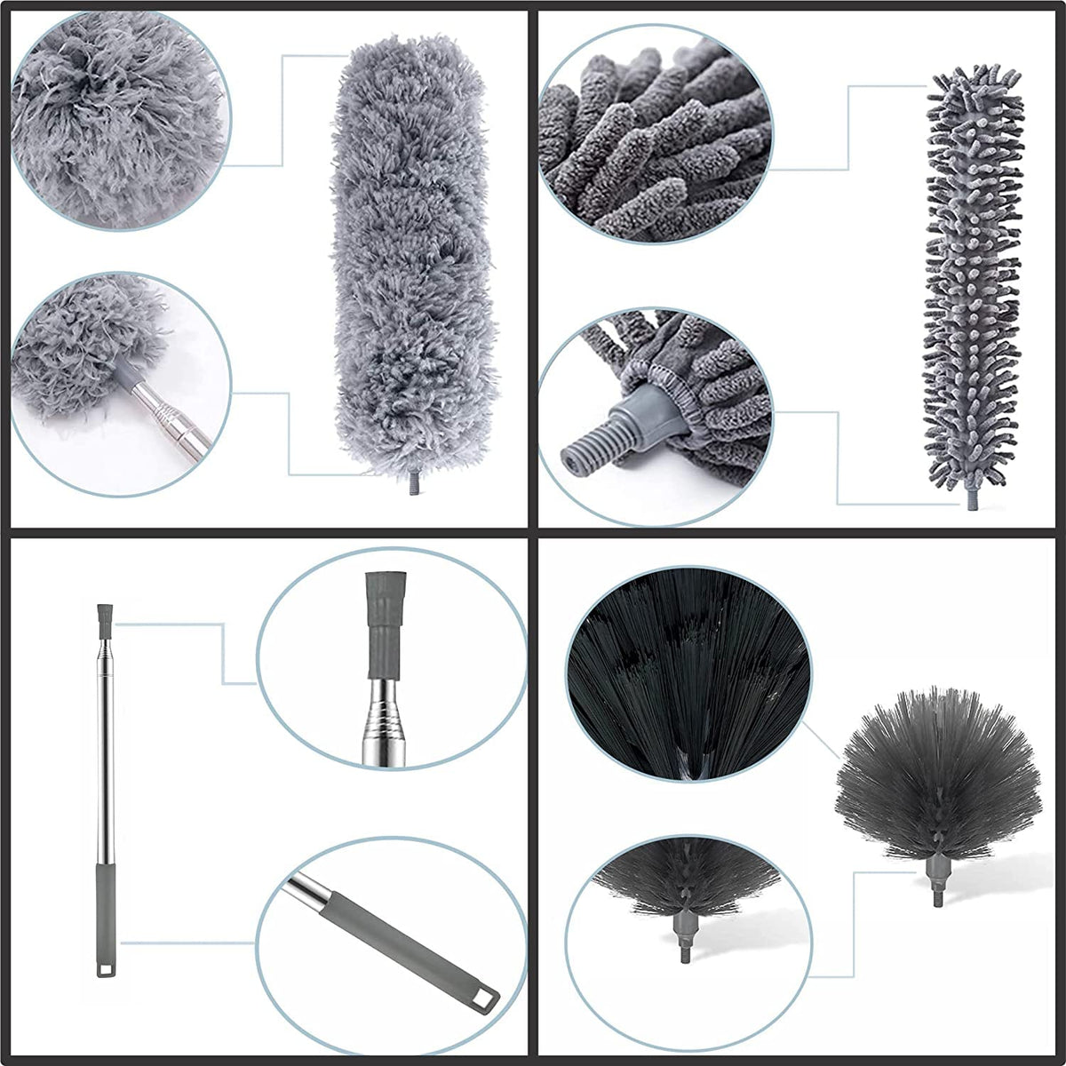 3 in 1 Microfiber Feather Duster 4PCS Bendable & Extendable Fan Cleaning Brush